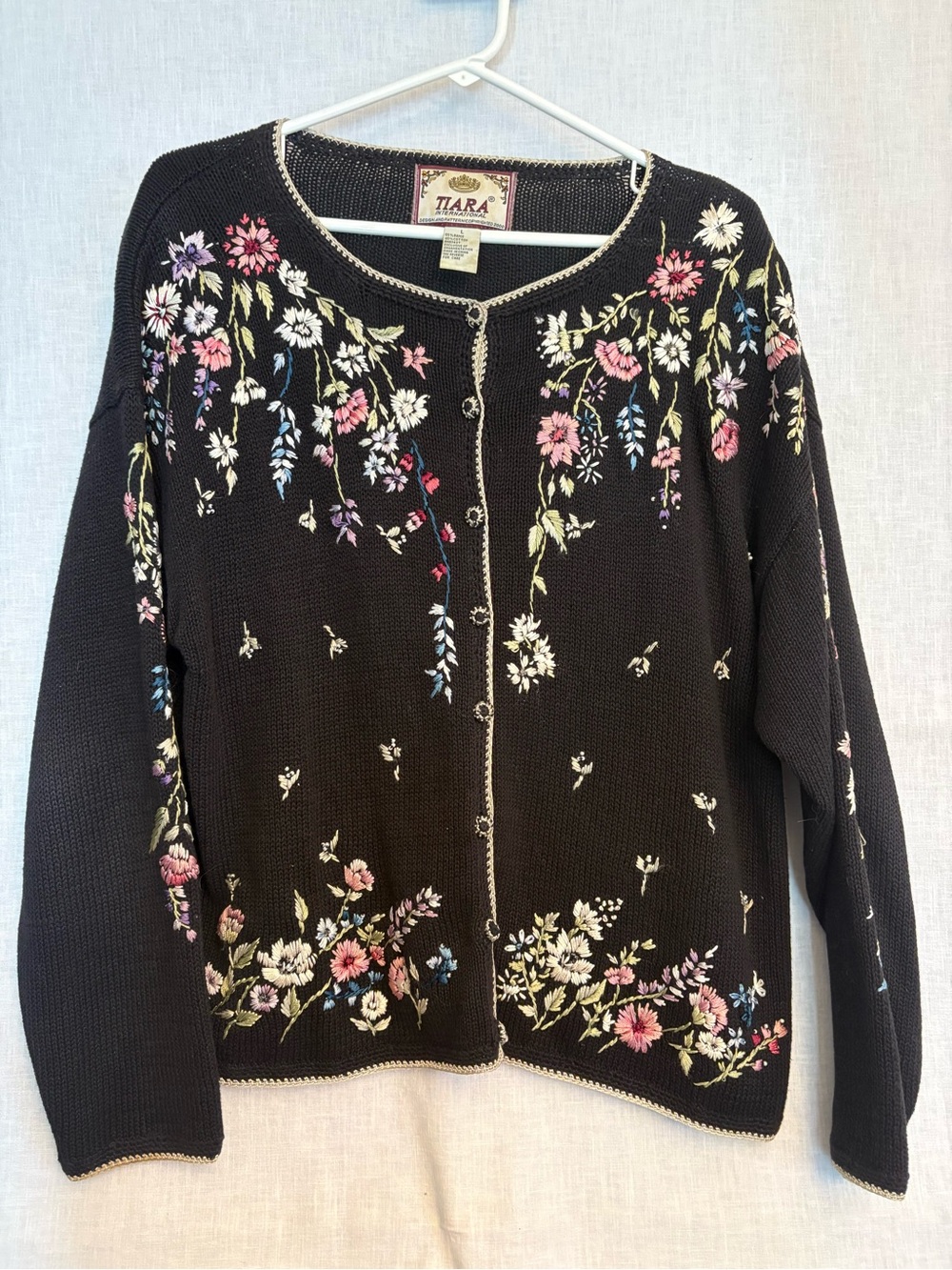 Tiara Black Floral Embroidered Cardigan Sweater